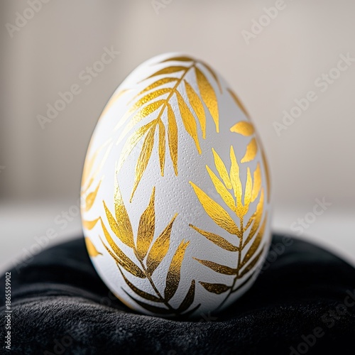 An exquisite close-up of an isolated Easter egg adorned with gold foil, resting gracefully on a plush dark velvet surface that accentuates its metallic luster, perfect for highlighting luxury and