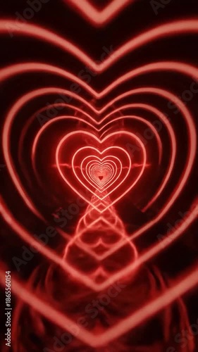 Red Neon Heart Tunnels Illuminating a Dark Background for Romantic Decoration and Art
