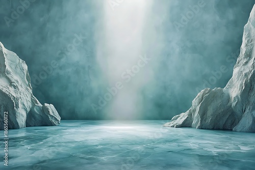 Serene Ice Landscape with Soft Light Rays Illuminating Calm Water Surface