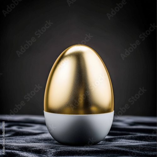 An isolated Easter egg with a stunning gold foil exterior, beautifully displayed on a dark velvet background, creating an atmosphere of luxury and celebration, ideal for commercial use in festive