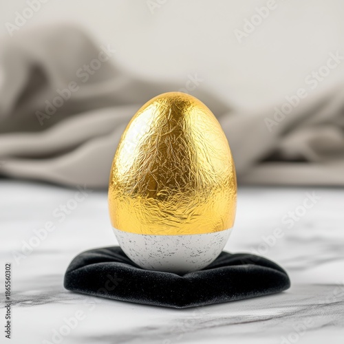 A striking and elegant Easter egg, finished in rich gold foil, showcased in isolation on a luxurious dark velvet fabric that enhances its visual appeal, creating an ideal image for marketing and