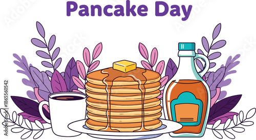 Pancake Day breakfast banner featuring a tall stack with butter maple syrup and coffee framed by purple leaves.