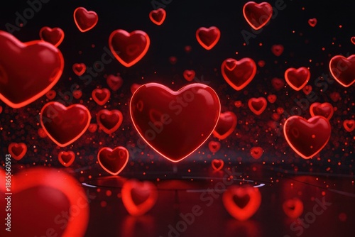 Valentines day background Floating red hearts on a dark background create a romantic atmosphere.