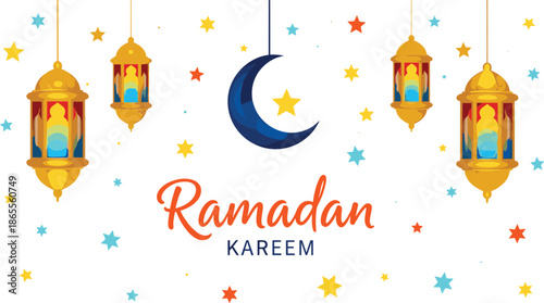 Ramadan Kareem greeting vector with golden multi-colored lanterns a central blue crescent moon and scattered festive stars.
