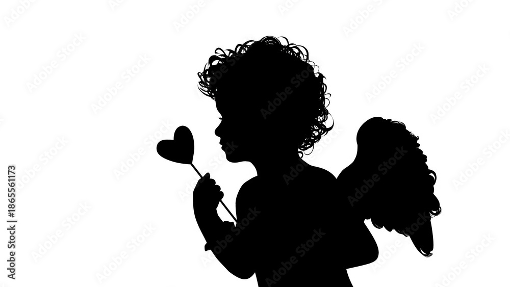 Fototapeta premium Cupid with curly hair holding a heart, created AI, PNG