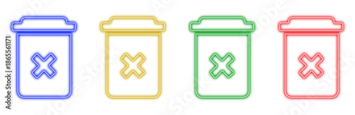A set of colorful neon trash can icons with a delete symbol, isolated on a transparent background, perfect for representing deletion, removal, or disposal concepts in digital interfaces and designs.