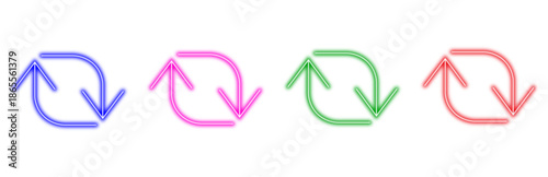 Multiple colorful neon refresh or reload arrows in a circular loop, isolated on a white background, representing circulation, rotation, and data flow icons for web and app interfaces