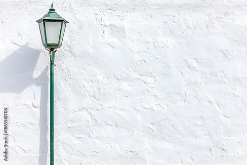 Vintage Green Street Lamp Against Textured White Wall in Sunlight Ideal for Urban Themes