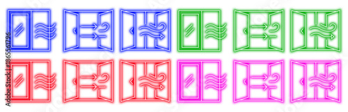 A collection of neon window icons illustrating ventilation and air flow in various styles and colors, isolated on a white background for easy integration into designs.