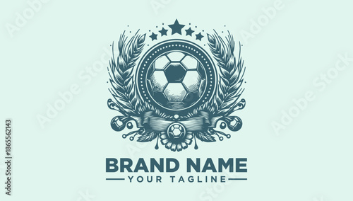 A blue vector illustration of a soccer ball surrounded by ornate leaves and stars, with a banner for a brand name and tagline on a light green background.