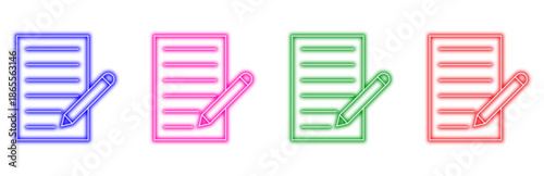 Multiple variants of colorful neon document and pencil icons, representing writing, editing, and note-taking activities, glowing brightly isolated on transparent background.