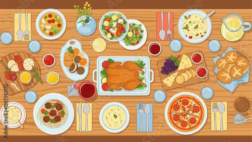 Delicious overhead view of a festive holiday meal spread on a wooden table.