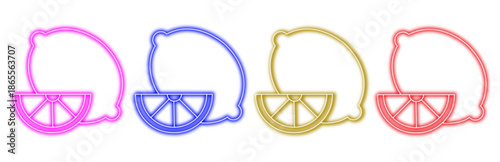 Multiple variants of colorful glowing neon lemon icons and vibrant fruit slices, offering a modern outline style perfect for fresh designs, isolated on transparent background.