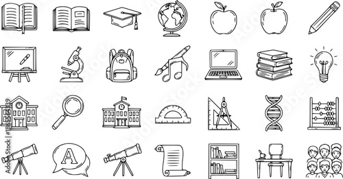 Education Line Art Icons Set. Hand-drawn School Doodle Outline Symbols for Learning and Study. Comprehensive Collection of Educational Elements and Tools.