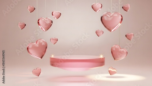 Pink glass podium with hanging 3d crystal hearts for valentine product display