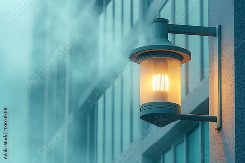 Stylish Lantern Illuminating Urban Wall Amidst Misty Morning Ambiance in Cityscape Setting