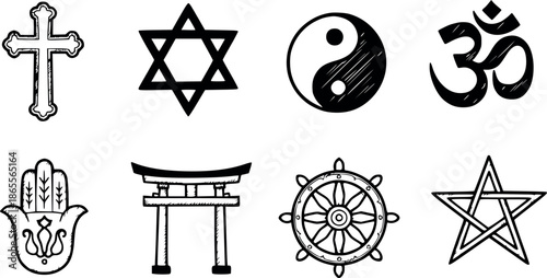 collection spiritual icons (cross, star of david, yin yang, om, hamsa, torii, dharma, pentagram) sketch style, black fill simulate lines, ideal for religion and culture