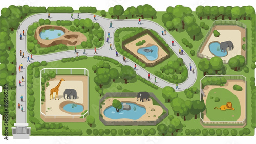 Aerial view of a zoo map with animal enclosures and pathways.