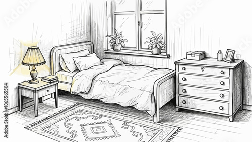 Cozy Bedroom Sketch with Bed Nightstand and Dresser.