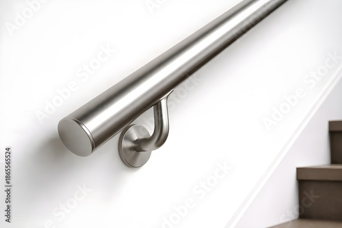Sleek and Modern Stainless Steel Handrail Installed on a White Wall, Providing Safety and Contemporary Architectural Style for an Interior Staircase Design