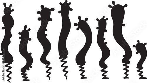 Black silhouettes of abstract creatures on white background