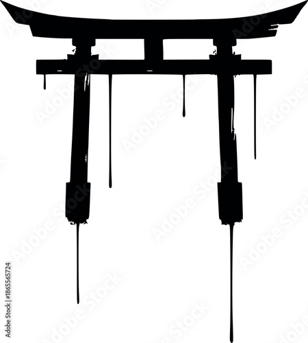 vector illustration black icon of traditional japanese shinto torii gate, with dripping ink effect and artistic stains