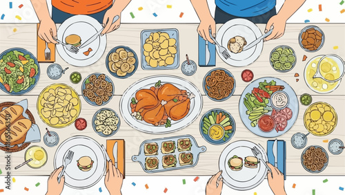 Overhead view of a festive family dinner table laden with various dishes.