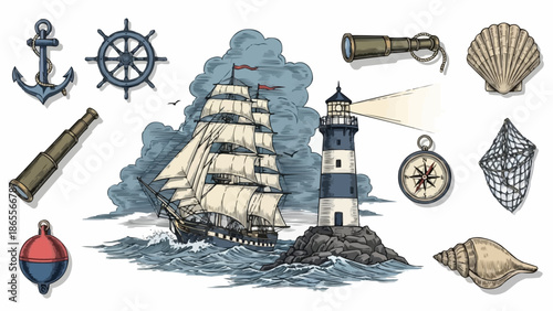 Nautical elements collection with sailing ship and lighthouse.