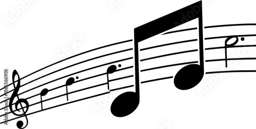 Black and White Musical Notes on Staff Lines, Treble Clef Vector Illustration