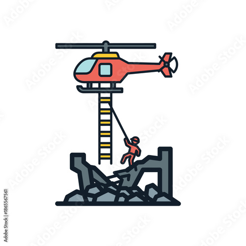 Rescue helicopter assists person rappelling from damaged building, symbolizing emergency aid and disaster relief efforts