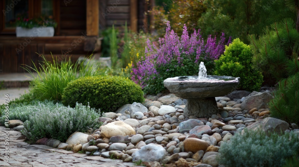 custom made wallpaper toronto digitalSerene garden scene featuring a stone fountain nestled amongst various plants and a bed of smooth stones, adjacent to a rustic wooden structure.  