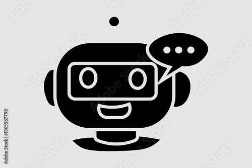 This image depicts a friendly chatbot icon facing forward. The robot has a wide, rounded head with a rectangular visor and oval eyes