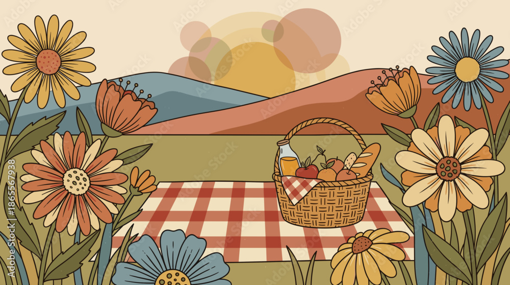 custom made wallpaper toronto digitalBoho Picnic Scene: Retro Flowers & Summer Vibes Illustration
