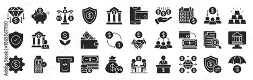 Bank editable glyph style icon set collection. Mortgage, investment, wallet, online banking, ATM, savings, banger and more. Vector illustartion eps 10
