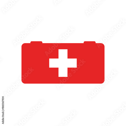 Red first aid kit icon with white cross on a white background, representing emergency medical supplies and safety equipment