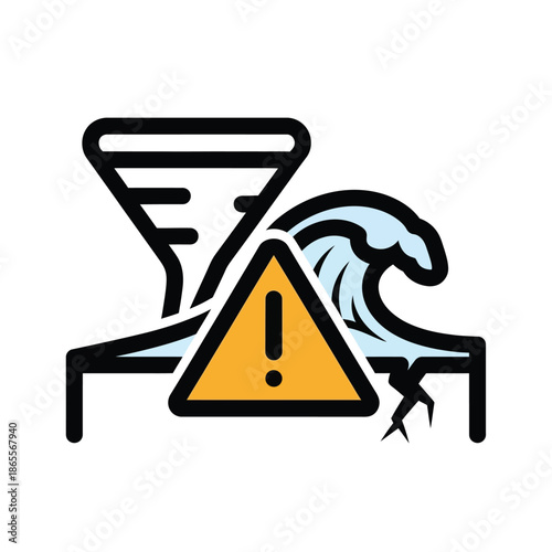 Natural Disaster Warning Icons Tornado, Wave, and Exclamation Mark Alert for Emergency Situations