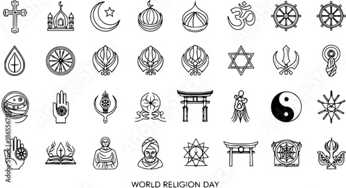 World Religion Day Black and White Line Art Glyphs: Diverse Religious Symbols, Spirituality, and Faith Icons Collection for Global Unity and Cultural Diversity Vector Design
