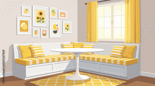 Bright Yellow Dining Nook Interior with Gallery Wall Art
