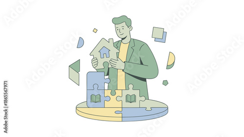 Businessman assembling house puzzle pieces representing real estate and construction.