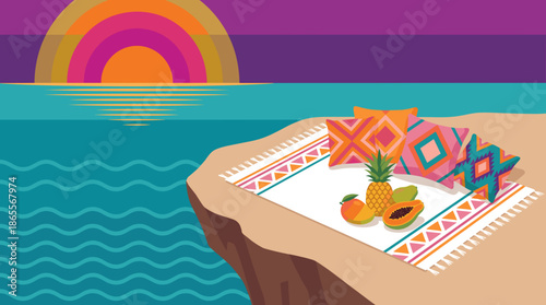 Tropical Sunset Picnic: Vibrant Ocean Horizon & Fresh Fruit