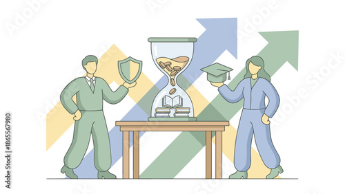 Conceptual illustration of time management education and financial security.