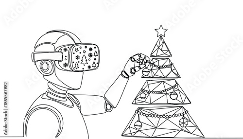 Robot decorating futuristic Christmas tree with virtual reality headset on