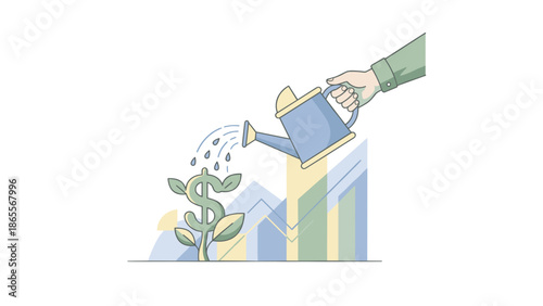 Hand watering money plant representing financial growth and investment success.