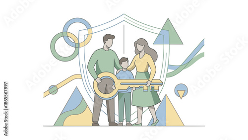 Family standing together with a key and a shield representing security and protection.