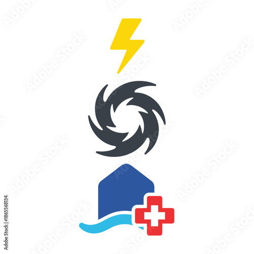 Comprehensive icon set detailing natural disaster threats from lightning and hurricanes, emphasizing the vital role of emergency services, medical aid, and shelter for community safety and resilience