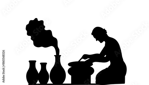 Potter crafting ceramics with smoke rising