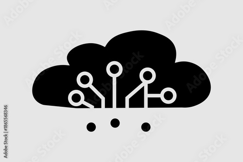 An icon representing cloud computing and networking. It features a solid black cloud silhouette with integrated white circuitry lines and nodes (circles).