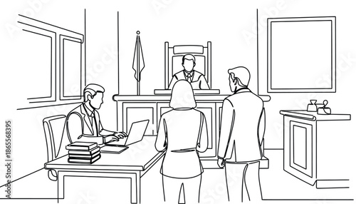 Lawyer and clients in modern courtroom setting
