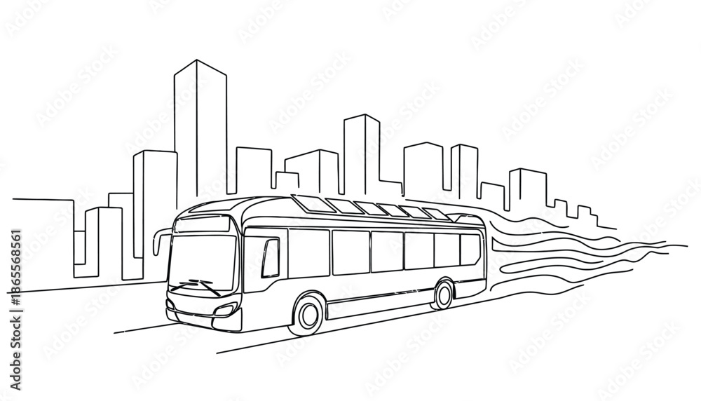Fototapeta premium Electric bus driving through modern cityscape with solar panels