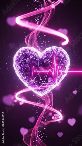 Beautiful Purple Geometric Heart with Sparkles and Pink Swirls for Romantic Themes and Love Decorations